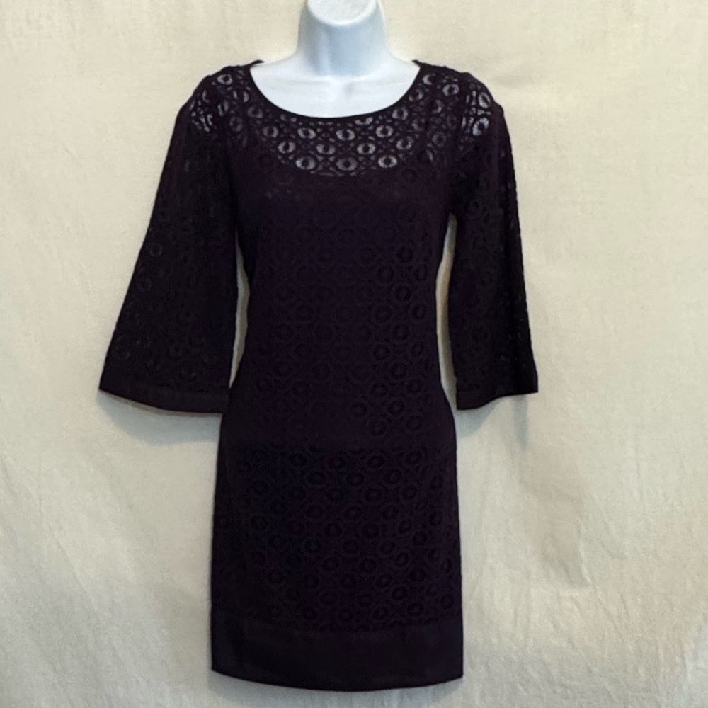 B-218 Laundry by Shelli Segal‎ Purple Lace 1/2 Sleeve MIDI Dress Size 0